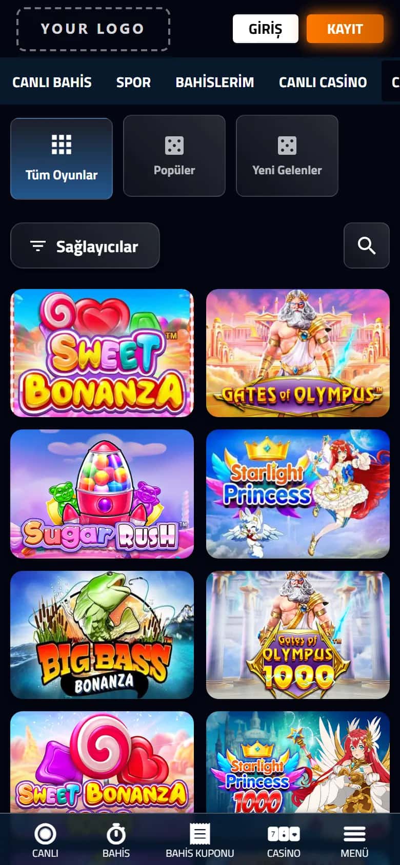 Mobile interface of the white-label front end: Casino