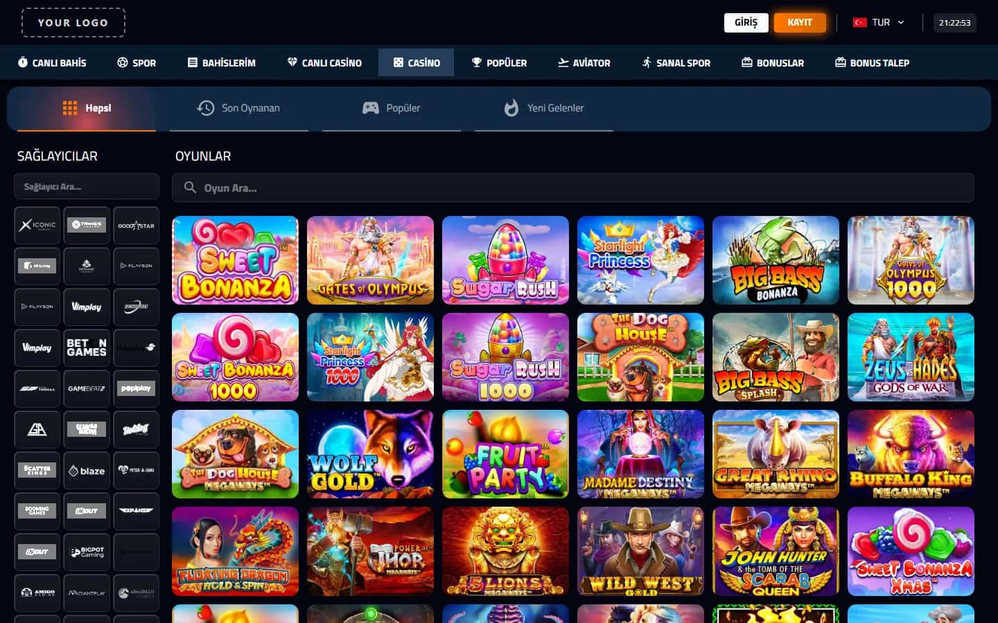 White-label casino lobby with provider filter and game tiles