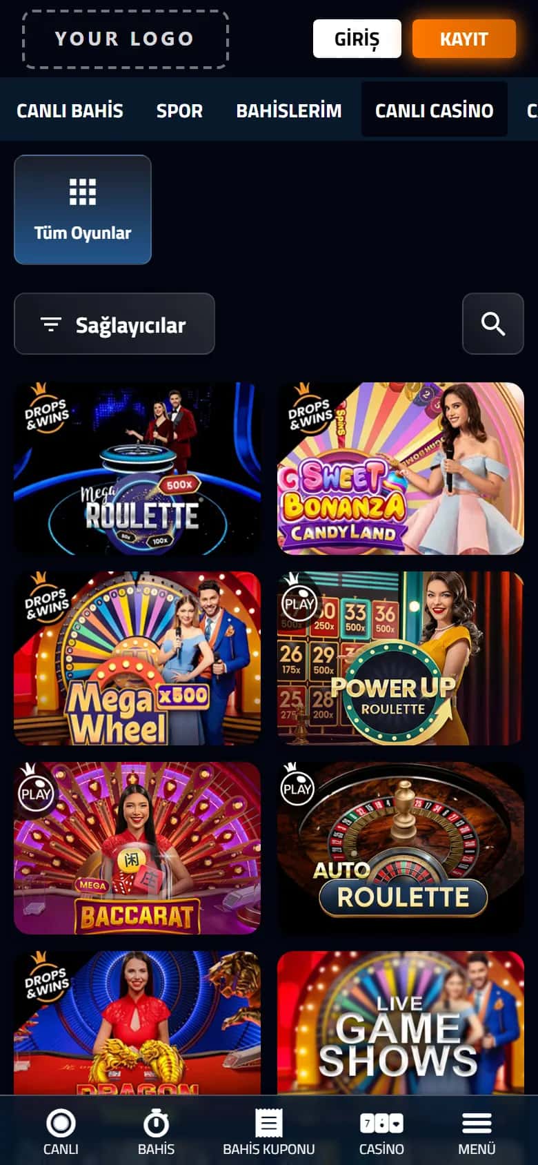Mobile interface of the white-label front end: Live casino