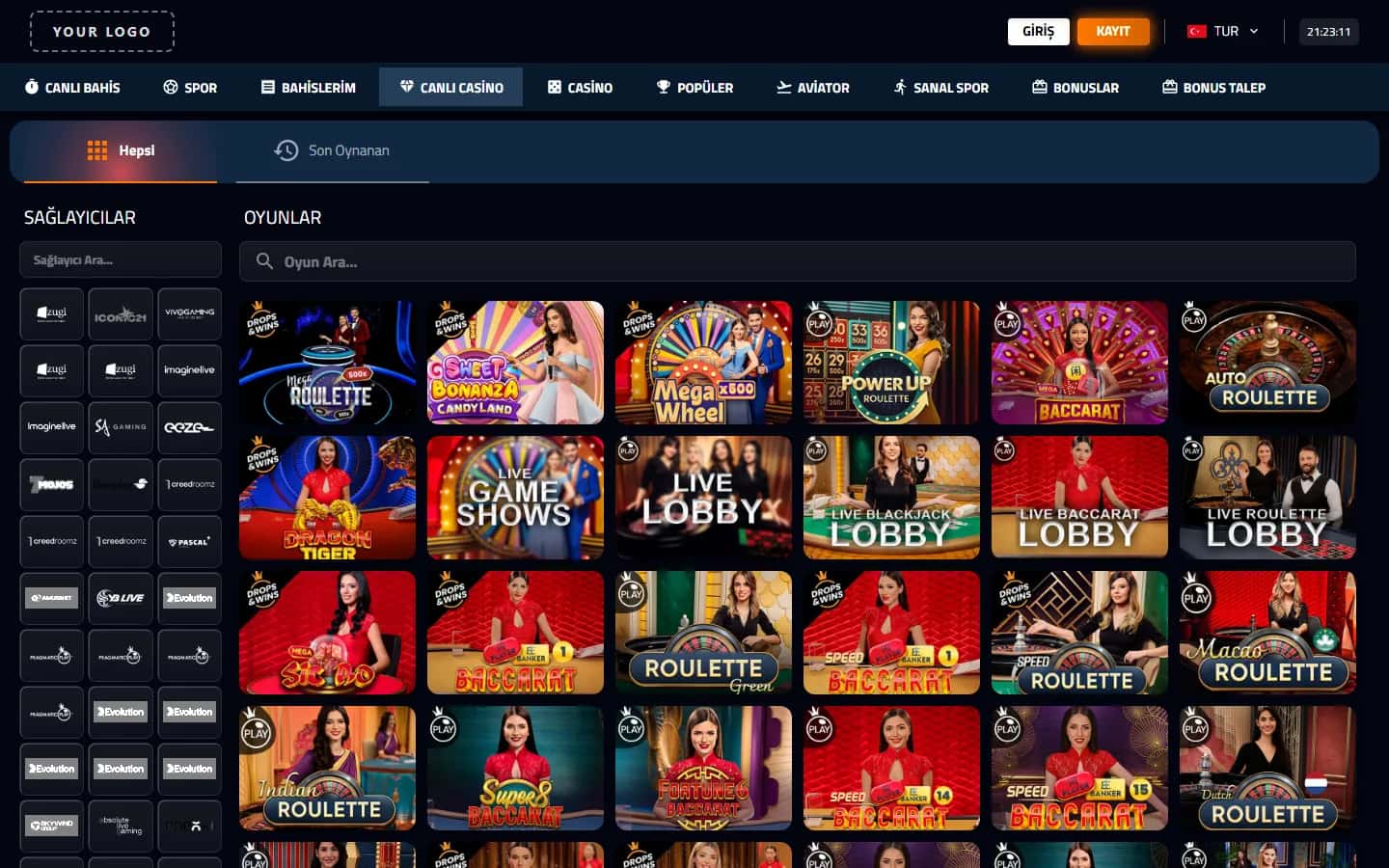 White-label live casino lobby with roulette, baccarat and game shows