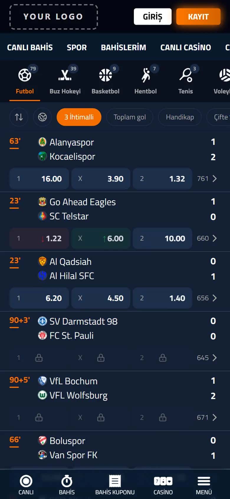 Mobile interface of the white-label front end: Live betting