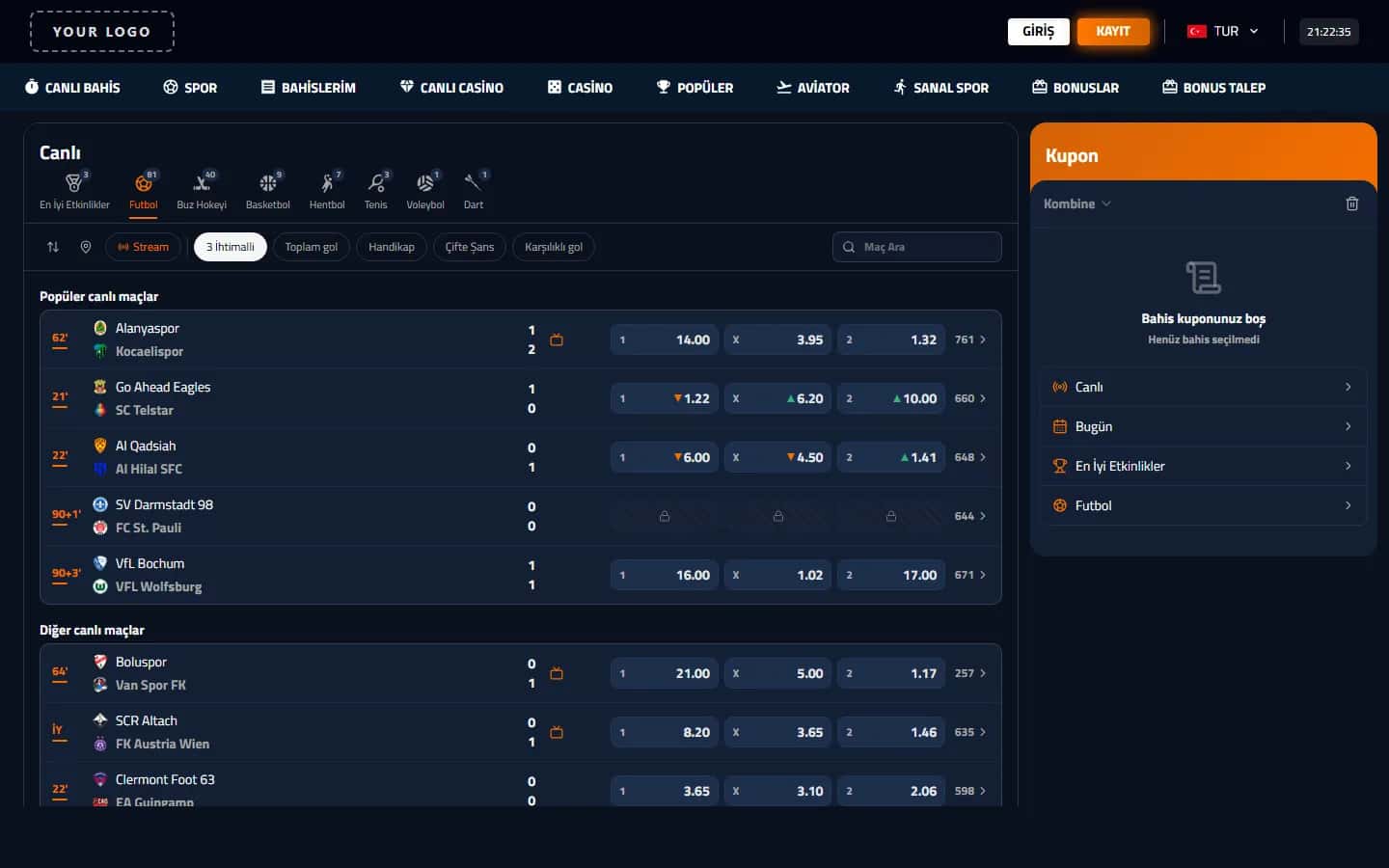 White-label live betting: in-play matches with scores, clock and live odds