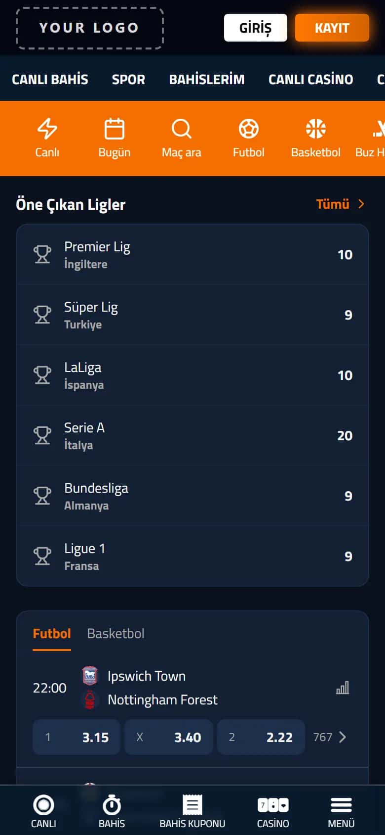 Mobile interface of the white-label front end: Sportsbook