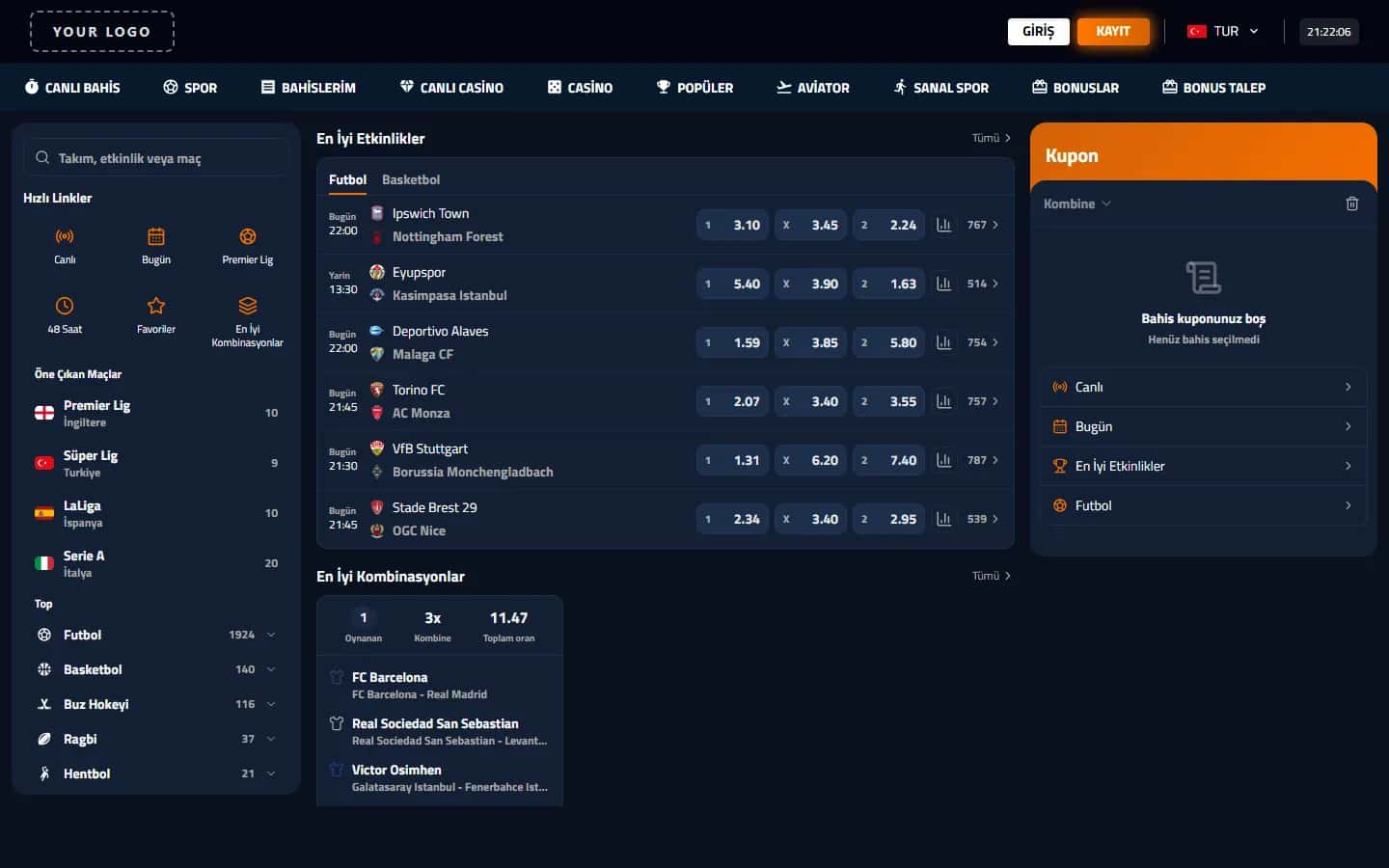 White-label sportsbook: top events, quick links, league menu and bet slip